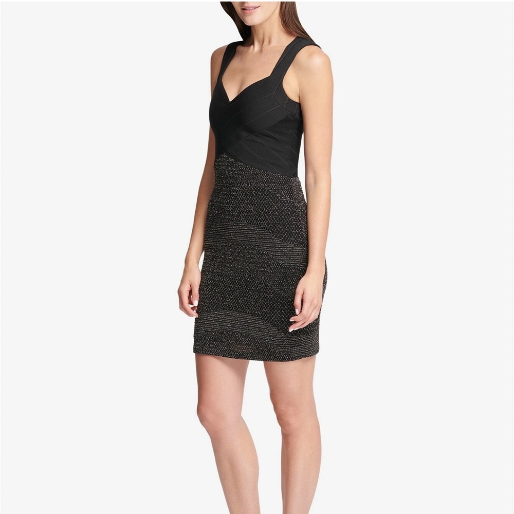 Guess NWT Black Metallic V-Neck Banded Sleeveless Cocktail Mini Dress Size 12